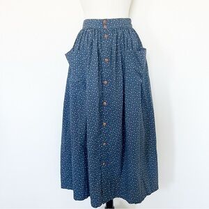 Vintage Ralph Lauren Country Floral Midi Skirt Blue Pockets Prairie Boho Size 8